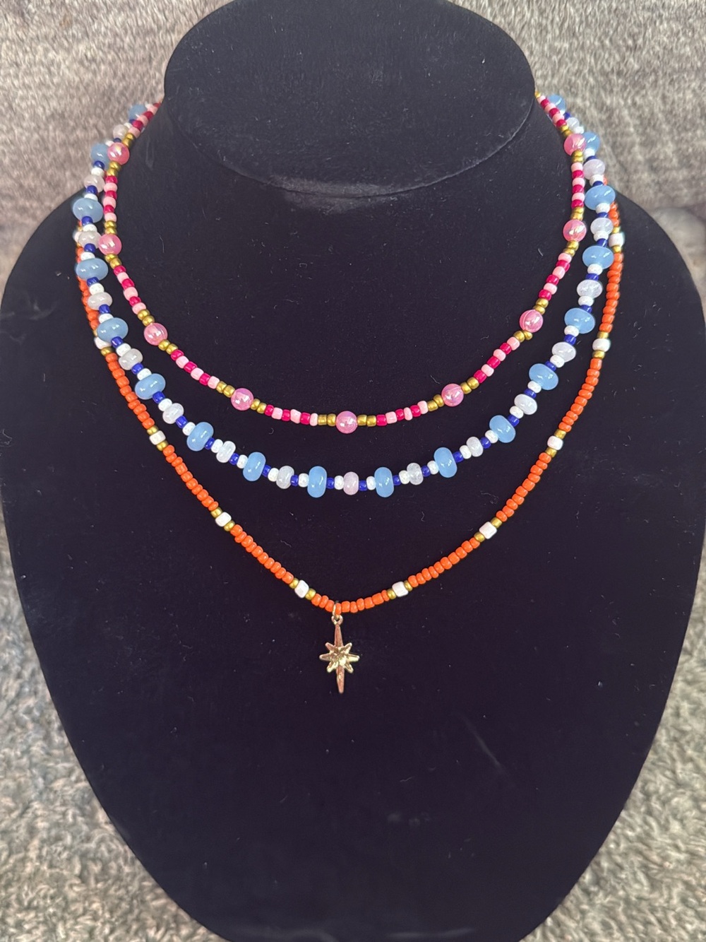 Layered Beaded Necklace in Orange, Blue & Pink -